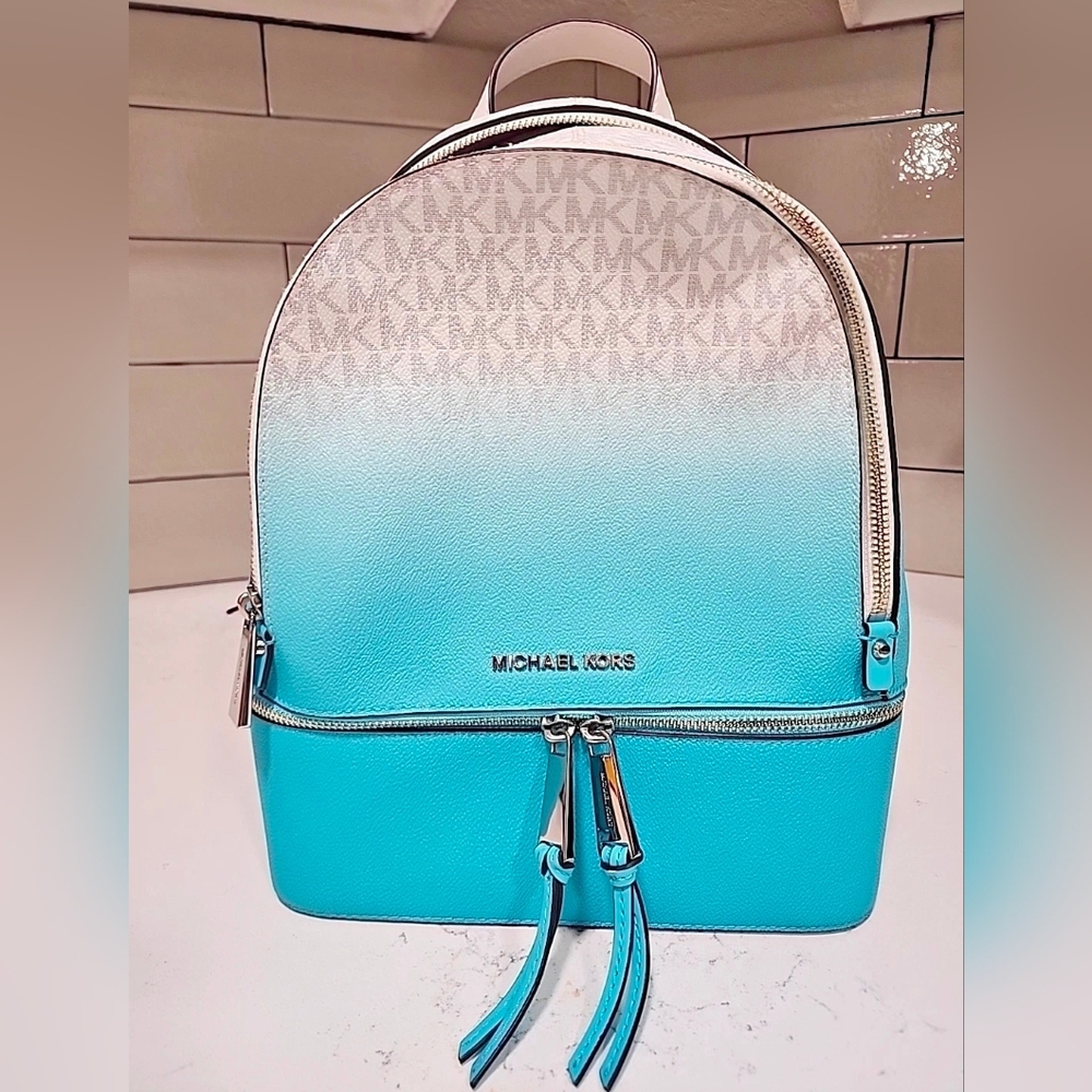 Michael Kors Rhea Ombré Monogram Zip Backpack Ocean Blue. Very Rare.